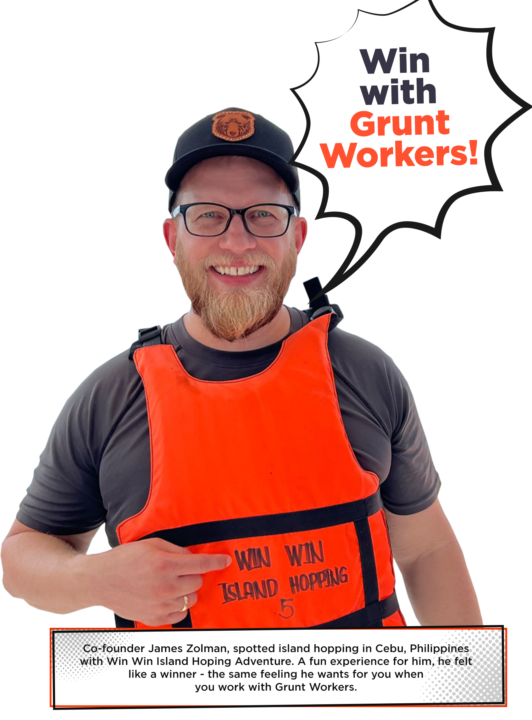 James Zolman grunt workers co-founder spotted island hopping in Cebu, Philippines with Win Win Island hoping adventure wearing lifevest