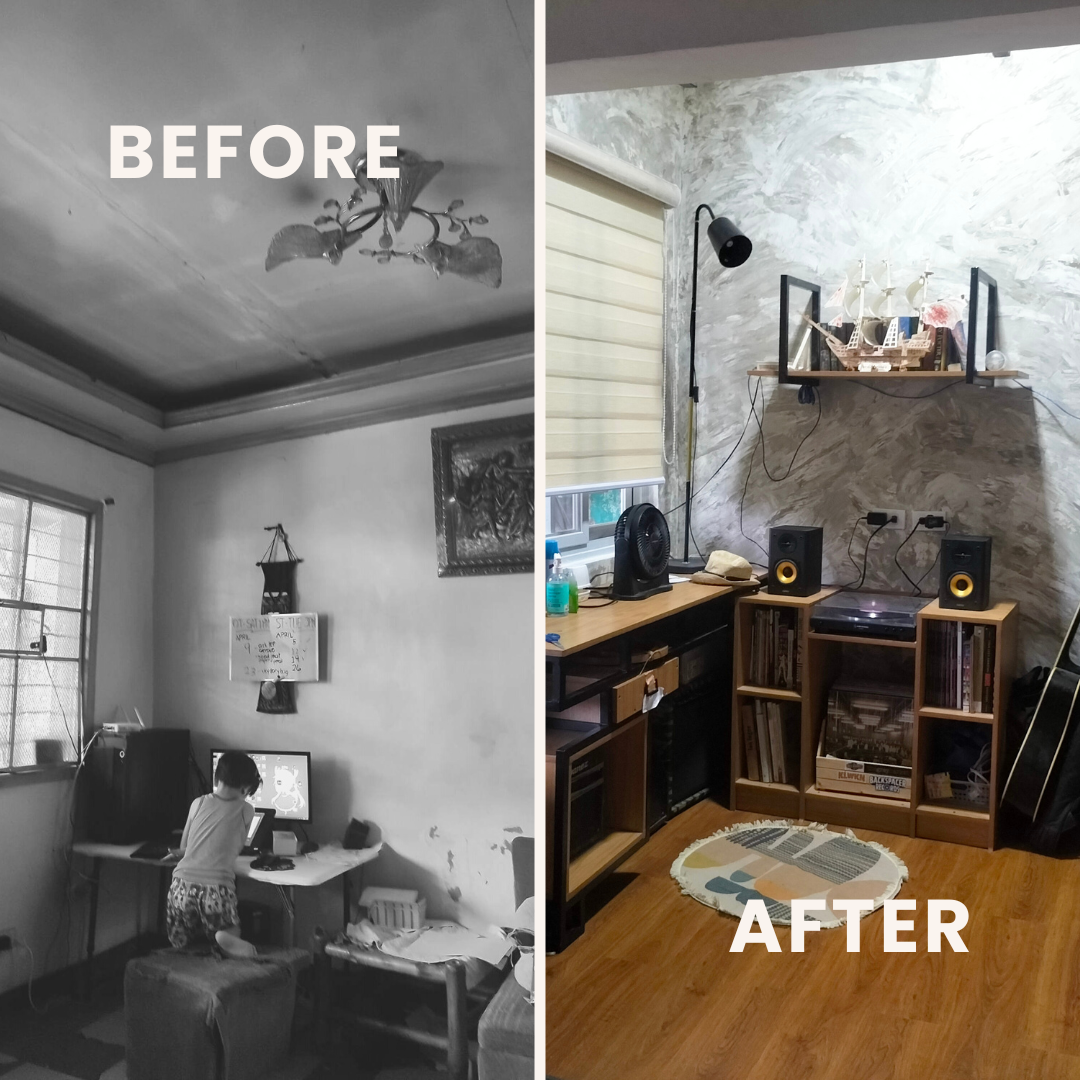 before and after comparison photo of graphic artist Rommel's living room space