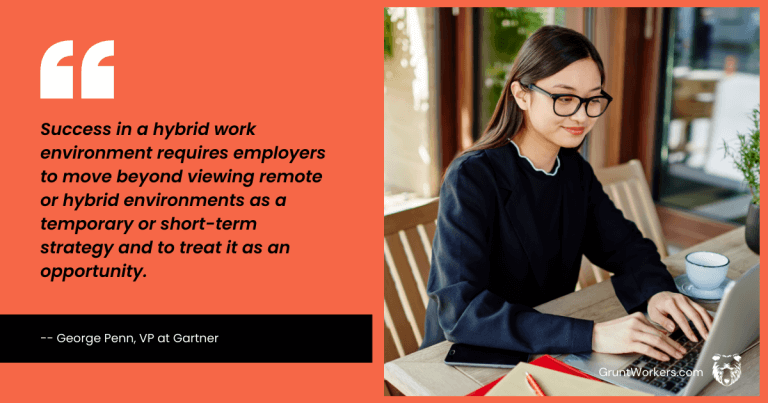 digital marketing agency tips Success in a hybrid work environment requires employers to move beyond viewing remote or hybrid environments as a temporary or short-term strategy and to treat it as an opportunity, quote inside image by George Penn