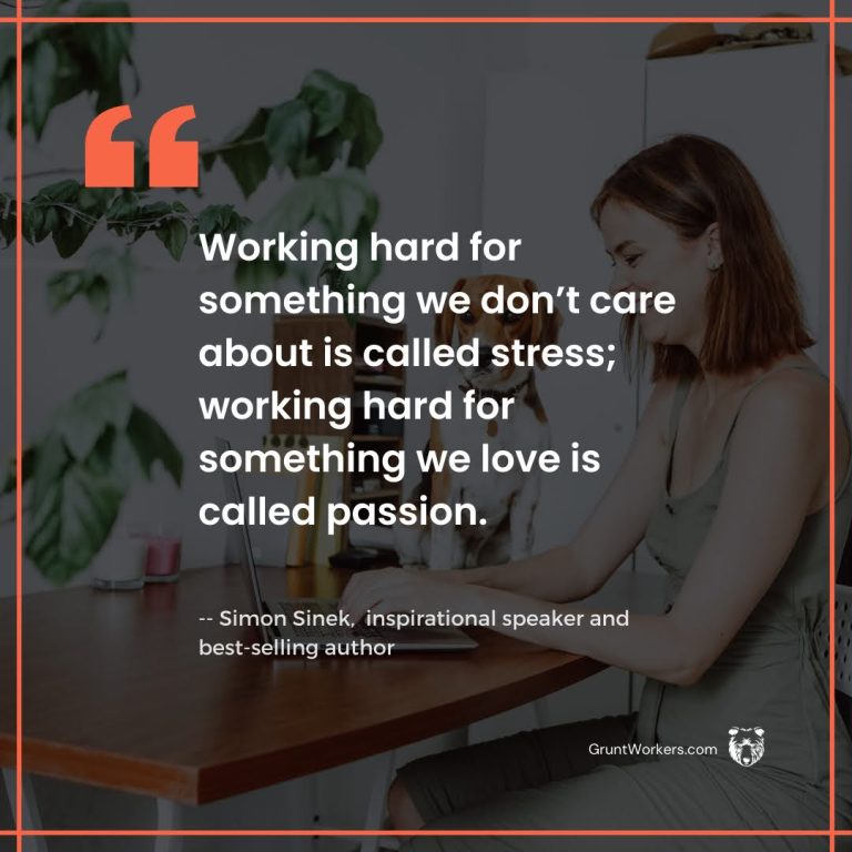 Working hard for something we we don't care about is called stress; working hard for something we love is called is called passion quote inside image by Simon Sinek