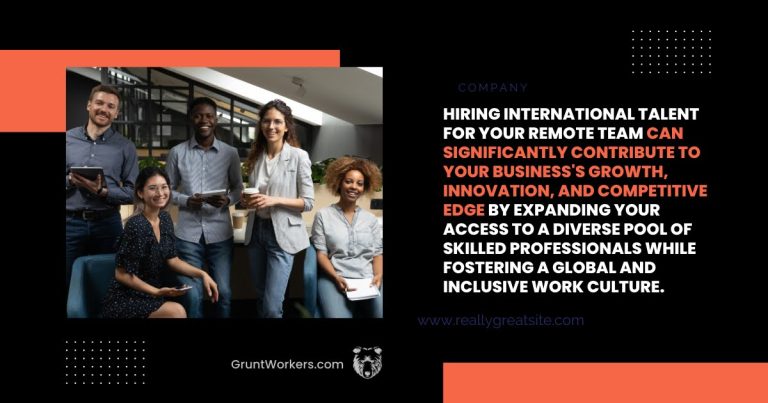 Hiring international talent for your remote team can significantly contribute to your business's growth, innovation, and competitive edge by expanding your access to a diverse pool of skilled professionals while fostering a global and inclusive work culture quote inside image