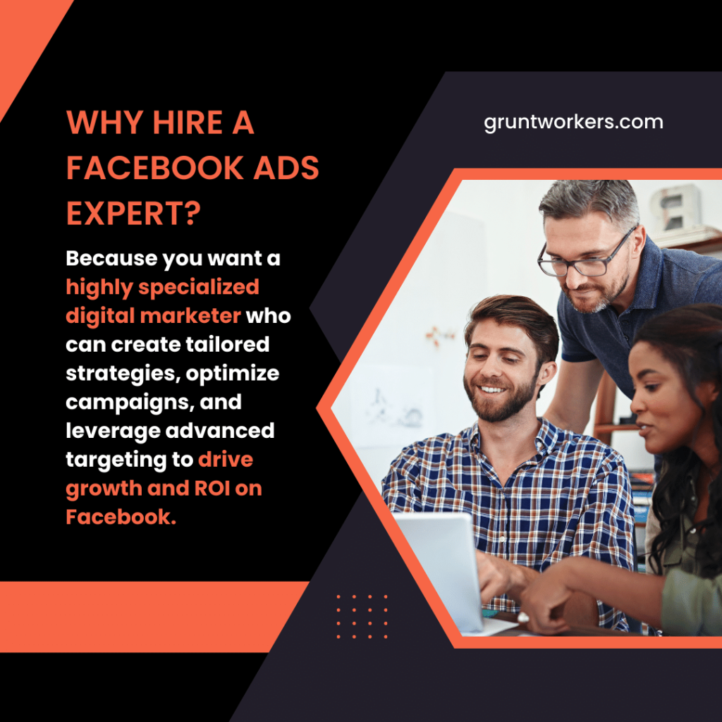 "Why hire a facebook ads expert? Because you want a highly specialized digital marketer who can create tailored strategies, optimize campaigns, and leverage advanced targeting to drive growth and ROI on Facebook.", text in image