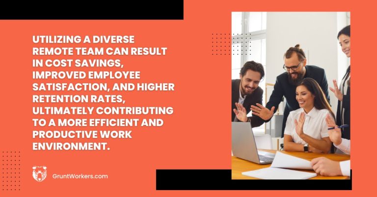 Utilizing a diverse remote team can result in cost savings, improved employee satisfaction, and higher retention rates, ultimately contributing to a more efficient and productive work environment quote inside image