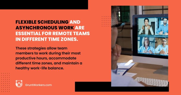 Flexible scheduling and asynchronous work are essential for remote teams in different time zones quote inside image
