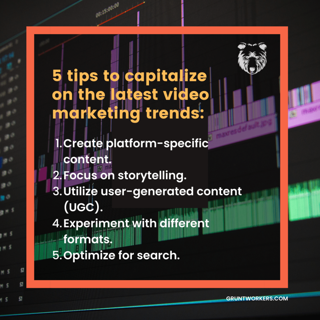 "5 tips to capitalize on the latest video marketing trends", text in image