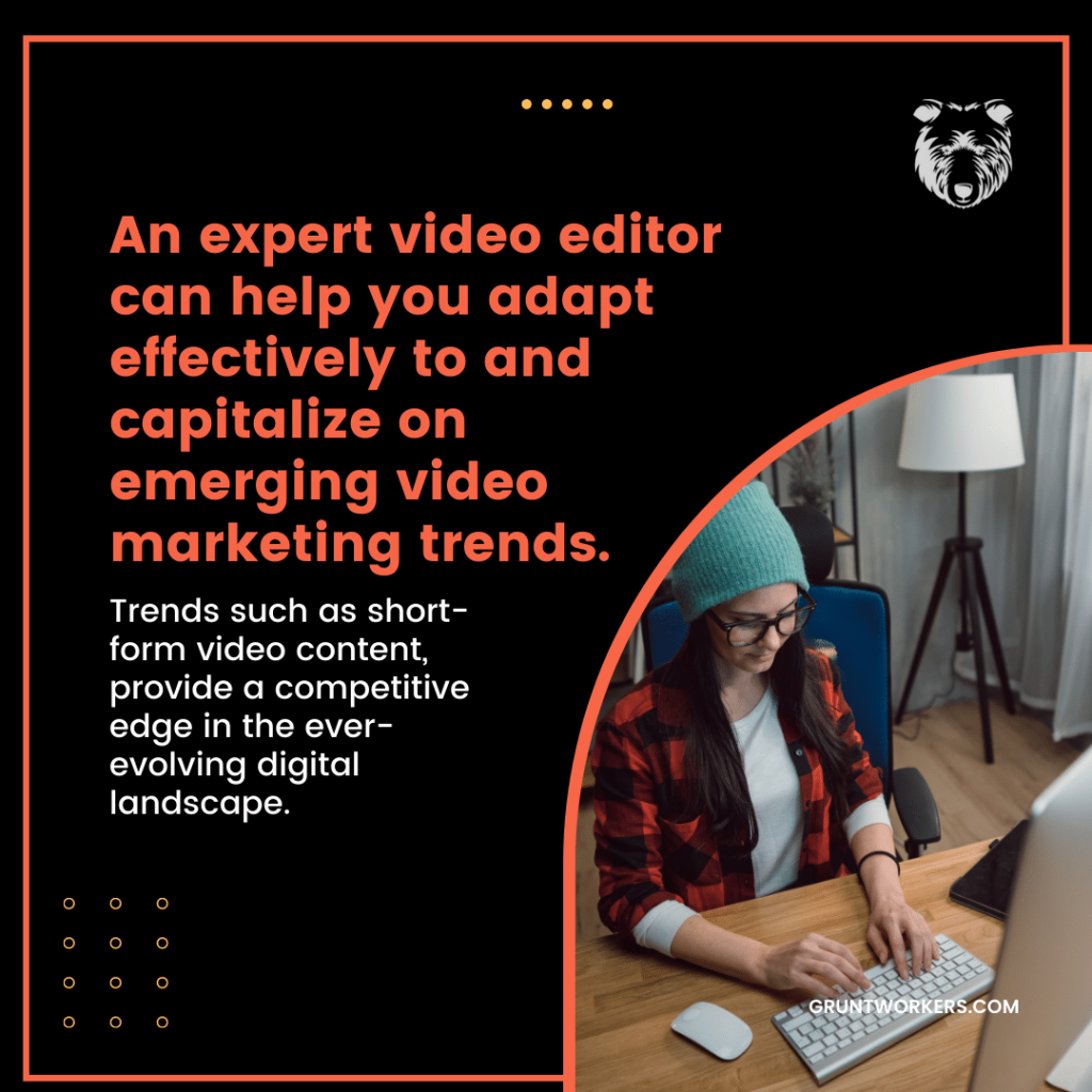 "An expert video editor can help you adapt effectively to and capitalize on emerging video marketing trends. Trends such as short-form video content, provide a competitve edge in the ever-evolving digital landscape" text in image