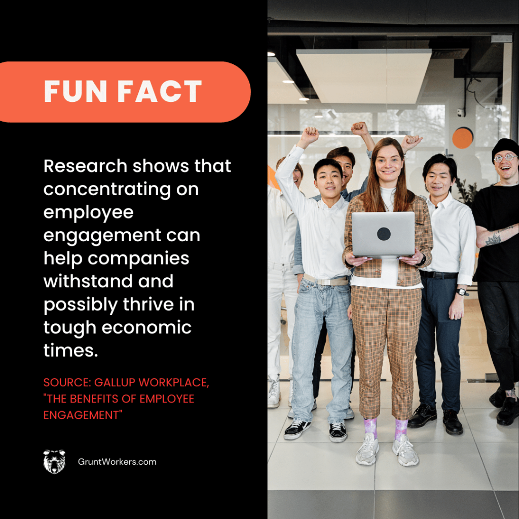 "Fun fact - Research shows that concentrating on employee engagement can help companies withstand and possibly thrive in tough economic times" - quote in image by Gallup Workplace, The benefits of employee engagement