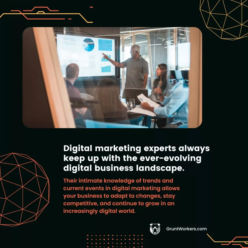 "Digital marketing experts always keep up with the ever-evolving digital business landscape. Their intimate knowledge of trends and current events in digital marketing allows your business t o adapt to changes, stay competitive, and continue to grow in an increasingly digital world", text in image