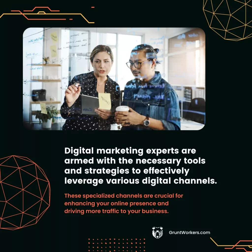 Digital marketing experts are armed with the necessary tools and strategies to effectively leverage various digital channels. These specialized channels are crucial for enhancing your online presence and driving more traffic to your business. - text inside image