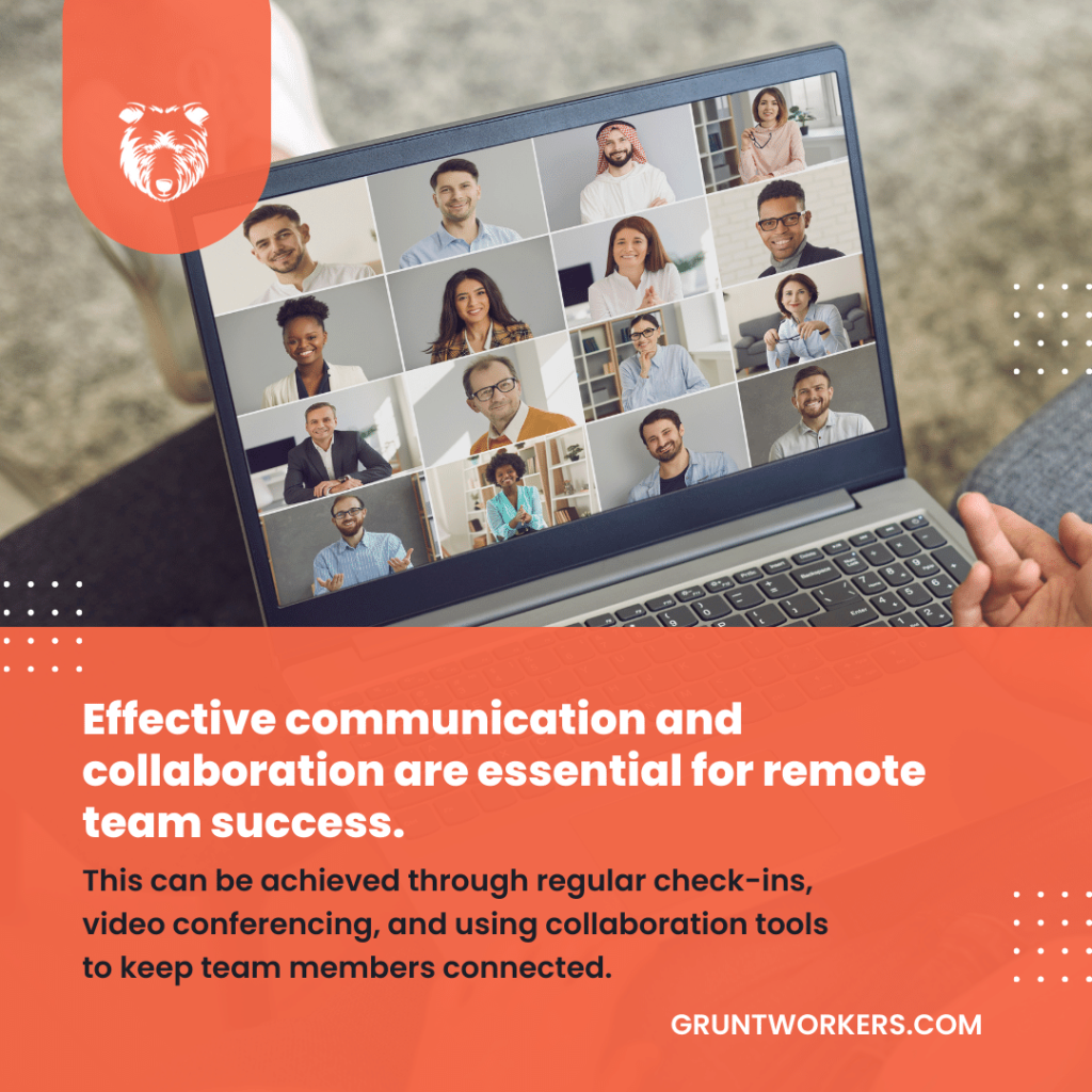 "Effective communication and collaboration are essential for remote team success. This can be achieved through regular check-ins, video conferencing, and using collaboration tools to keep team members connected", text in image