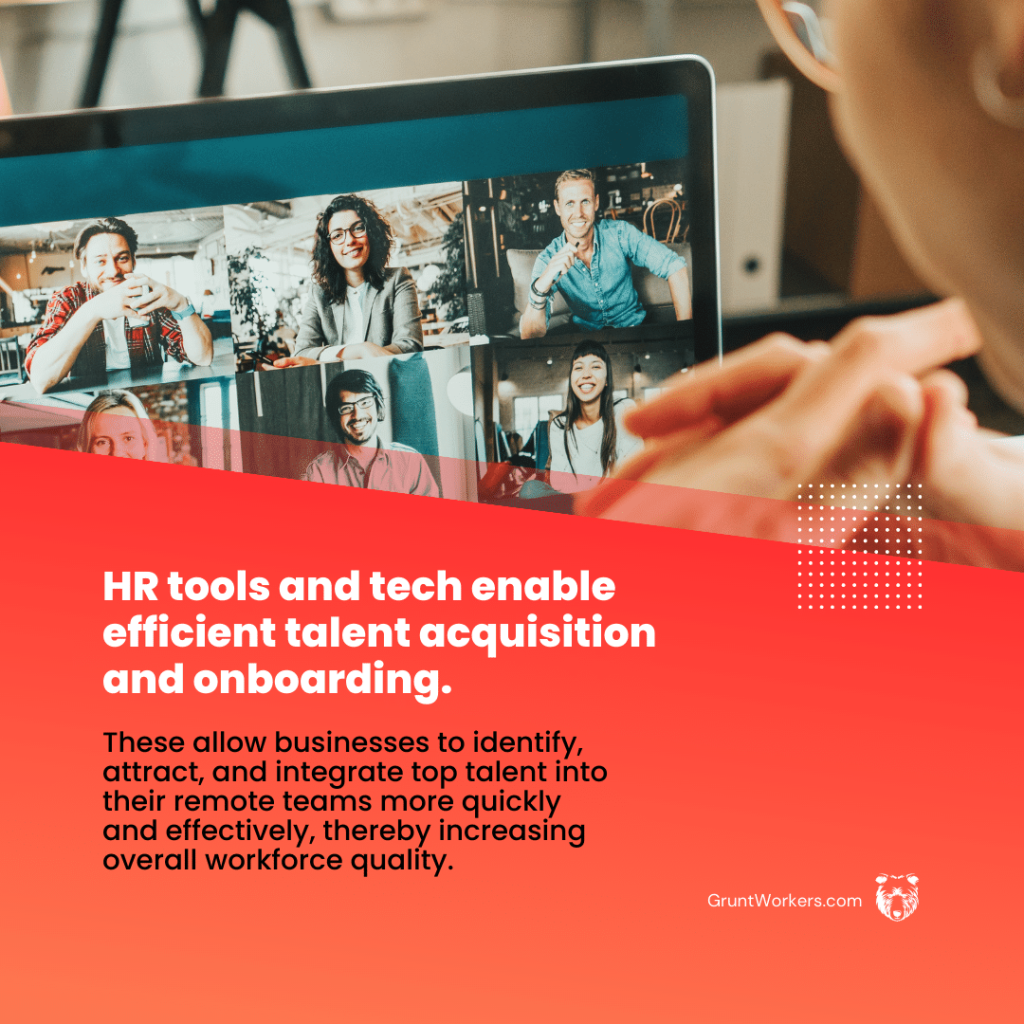 HR tools and tech enable efficient talent acquisition and onboarding. These allow businesses to identify, attract, and integrate top talent into their remote teams more quickly and effectively, therby increasing overall workforce quality, text in image
