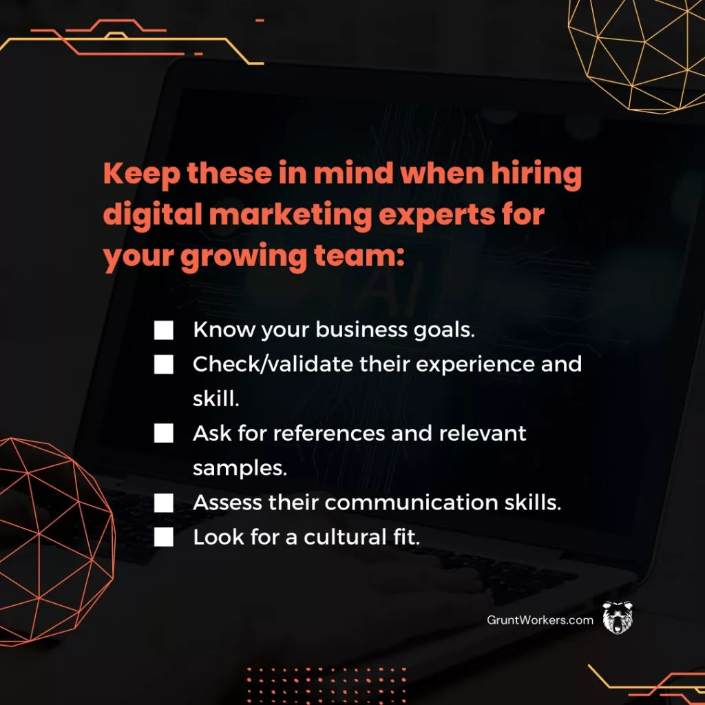 Keep these in mind when hiring digital marketing experts for your growing team, text in image
