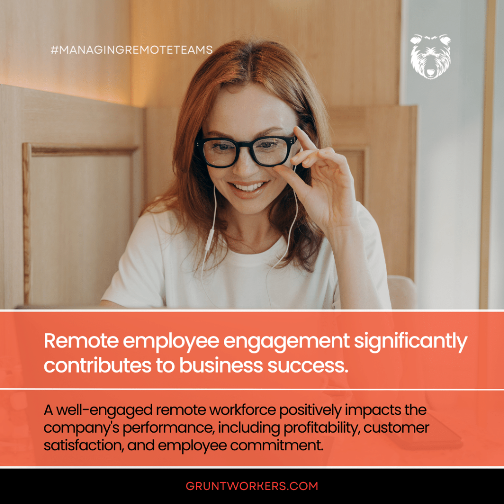 Remote employee engagement significantly contributes to business success. A well-engaged remote workforce positively impacts the company's performance, including profitability, customer satisfaction, and employee commitment - text in image