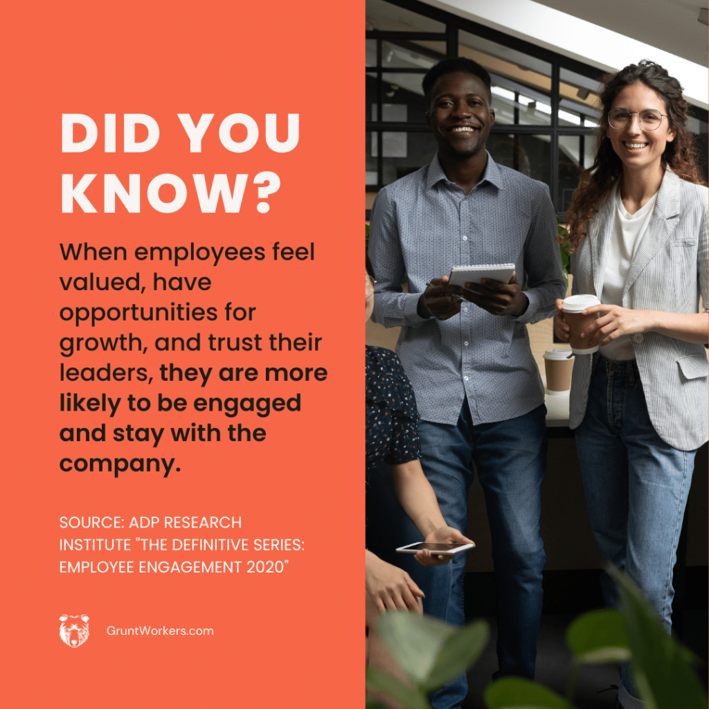 "Did you know? When employees feel valued, have opportunities for growth, and trust their leaders, they are more likely to be engaged and stay with the company." quote inside image by ADP research Institute "The definitive series: Employee Engagement 2020"