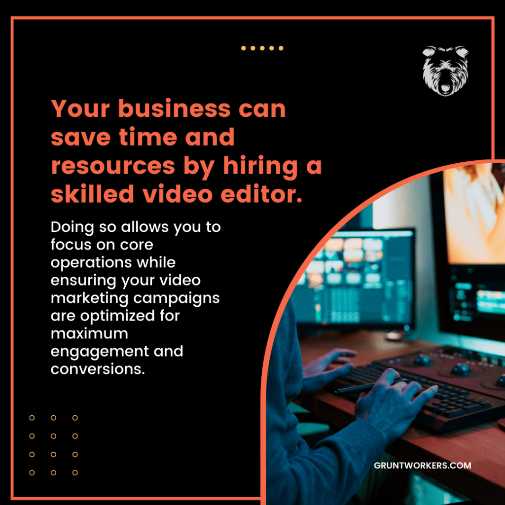 "Your business can save time and resources by hiring a skilled video editor. Doing so allows you to focus on core operations while ensuring your video marketing campaigns are optimized for maximum engagement and conversions" text in image