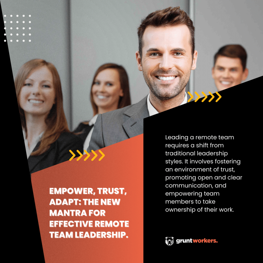 "Empower, trust, adapt: the new mantra for effective remote team leadership." text in image