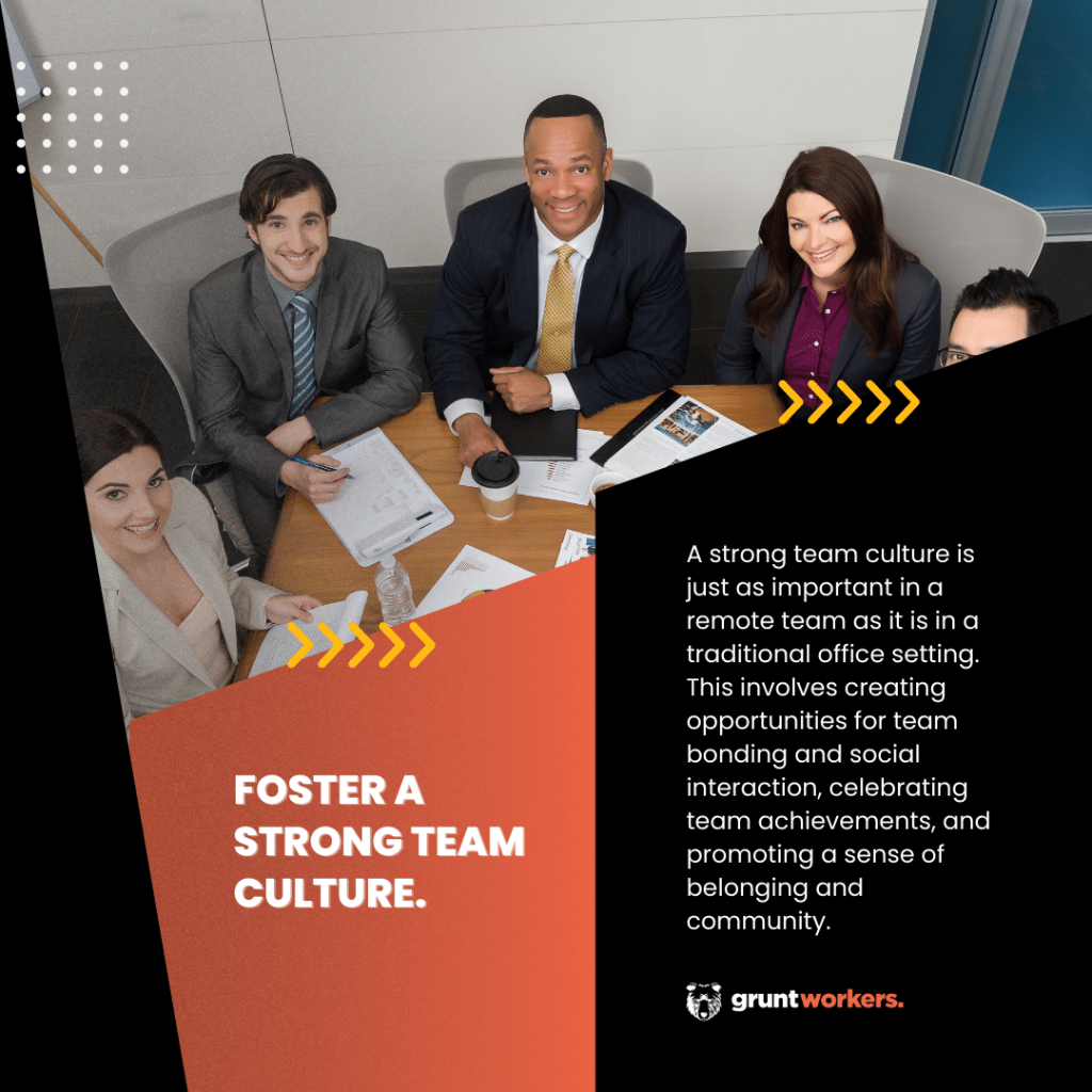 "Foster a strong team culture. A strong team culture is just as important in a remote team as it is in a traditional office setting. This involves creating opportunities for team bonding and social interaction, celebrating team achievements, and promoting a sense og belonging and community." text in image