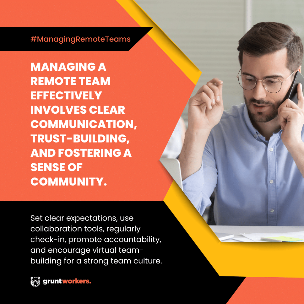 "Managing a remote team effectively involves clear communication, trust-building, and fostering a sense of community. Set clear expectations, use collaboration tools, regularly check-in, promote accountability, and encourage virtual team-building for a strong team culture." text in image