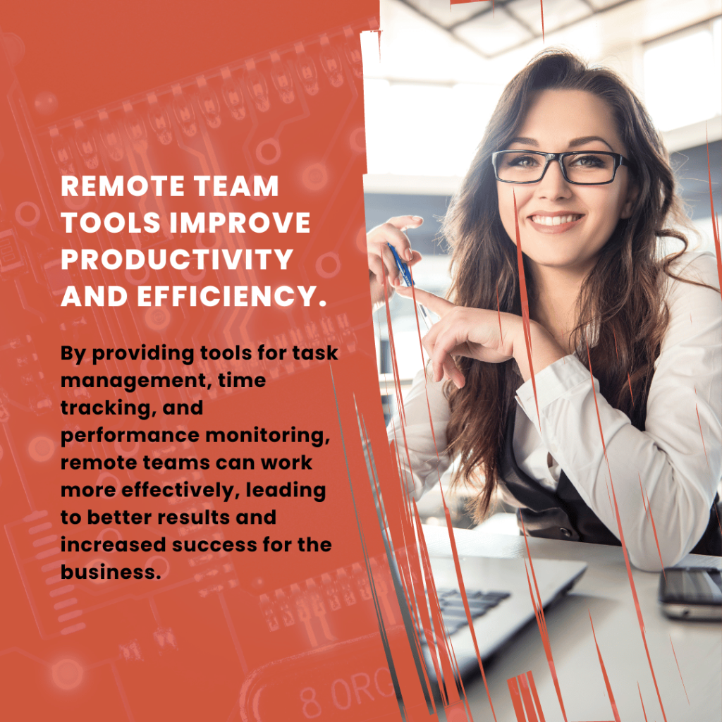 "Remote team tools improve productivity and efficiency. By providing tools for task management, time tracking and performance monitoring, remote teams can work more effectively, leading to better results and increased success for the business." text in image